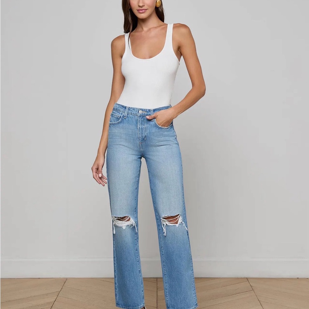 L’AGENCE Jones Ultra High Rise Stovepipe Blue Distressed Women Jeans Size 25 NWT